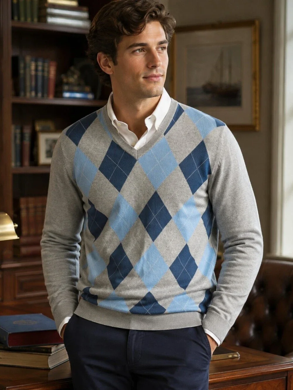 Banana Republic XL Gray Blue Cotton Cashmere Argyle V Neck Pullover Sweater